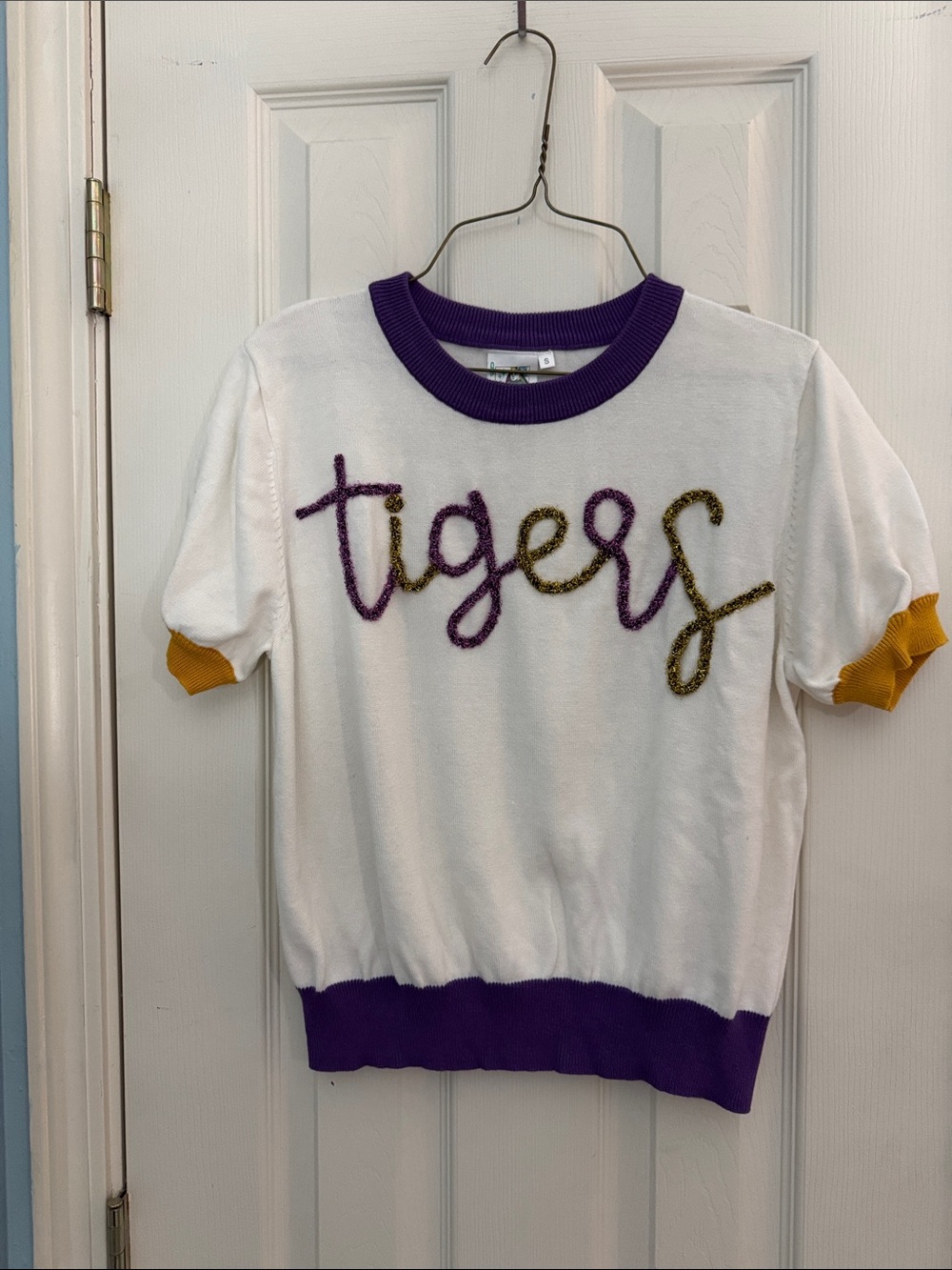 Queen of Sparkles White 'Tigers' Short Sleeve Sweater with Purple & Gold Trim